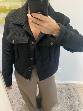 Cropped Quilted Black Button-Front Jacket